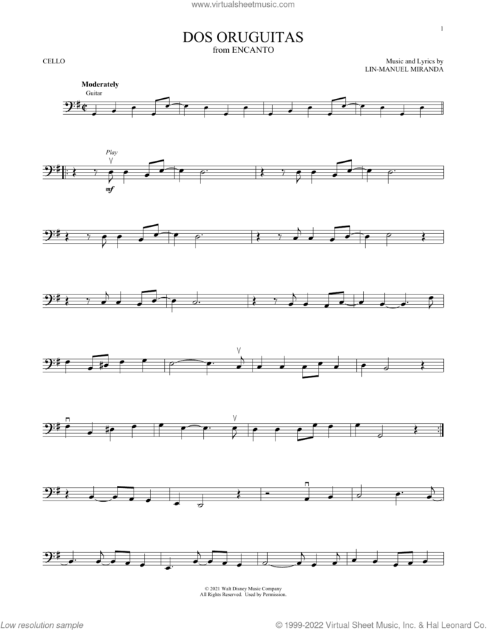 Dos Oruguitas (from Encanto) sheet music for cello solo by Lin-Manuel Miranda and Sebastian Yatra, intermediate skill level