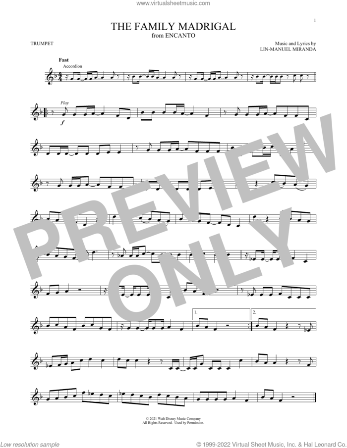 The Family Madrigal (from Encanto) sheet music for trumpet solo by Lin-Manuel Miranda and Stephanie Beatriz, Olga Merediz & Encanto Cast, intermediate skill level