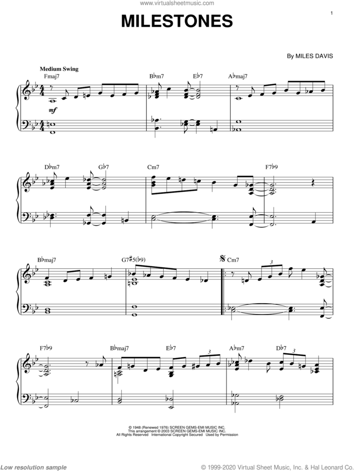 Milestones sheet music for piano solo by Miles Davis, intermediate skill level