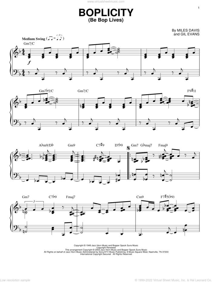 Boplicity (Be Bop Lives) sheet music for piano solo by Miles Davis and Gil Evans, intermediate skill level
