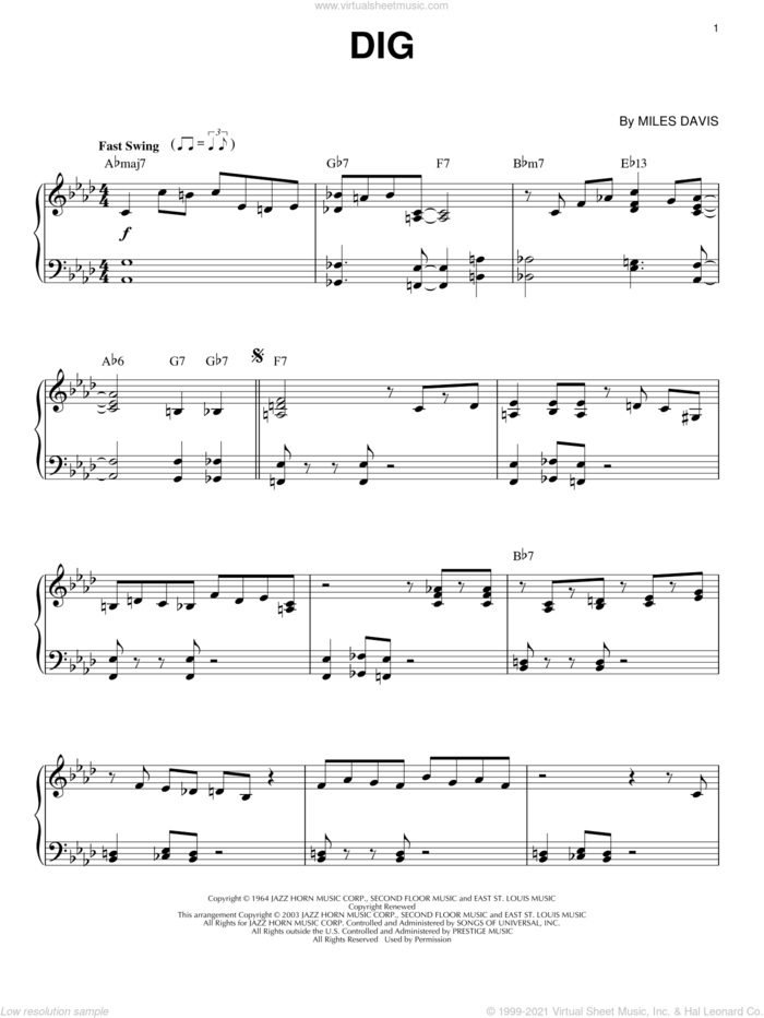 Dig sheet music for piano solo by Miles Davis and Lew Tabackin, intermediate skill level