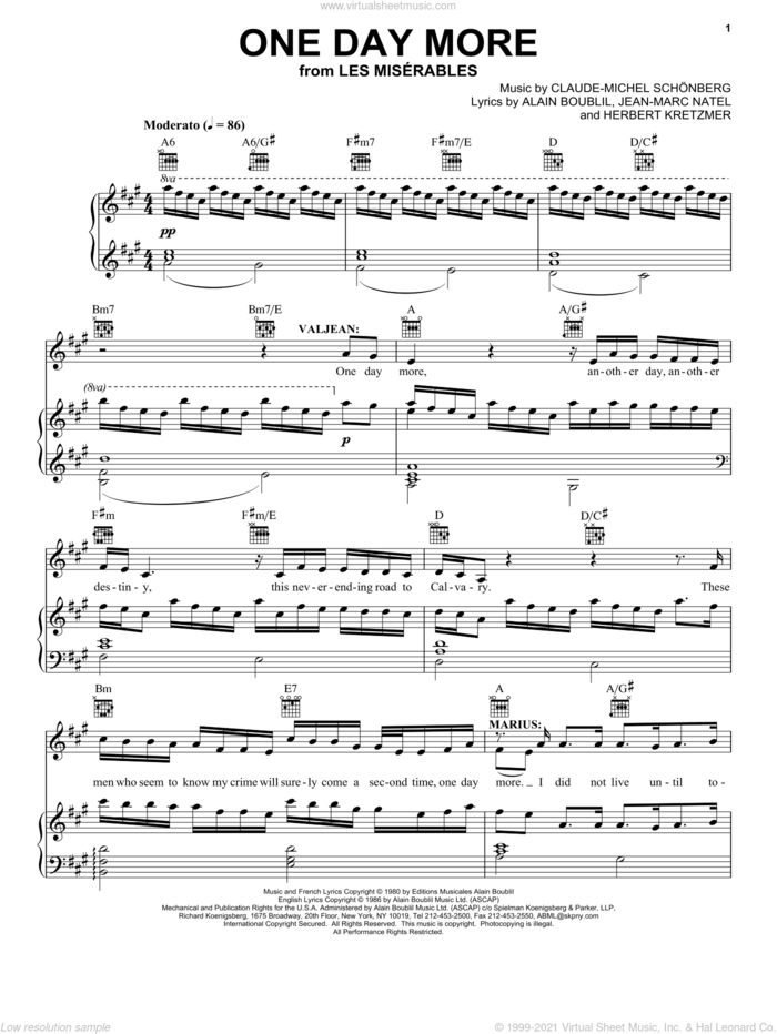 One Day More (from Les Miserables) sheet music for voice, piano or guitar by Alain Boublil, Les Miserables (Musical), Herbert Kretzmer and Jean-Marc Natel, intermediate skill level