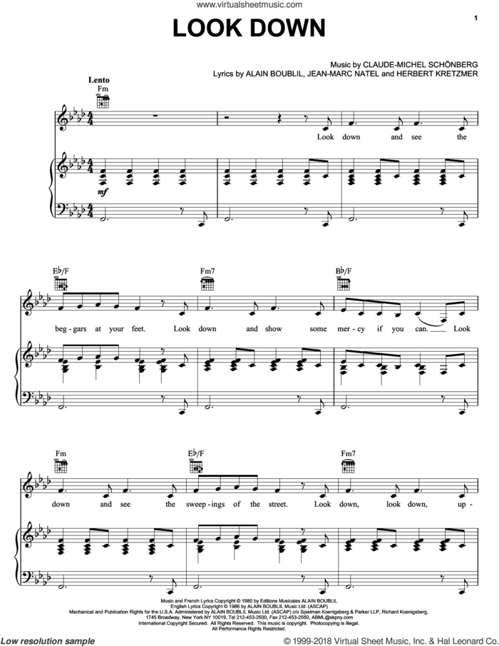 Look Down sheet music for voice, piano or guitar by Alain Boublil, Les Miserables (Musical), Claude-Michel Schonberg and Herbert Kretzmer, intermediate skill level
