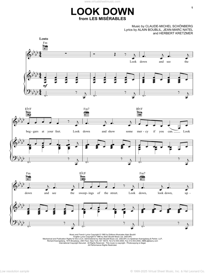 Look Down sheet music for voice, piano or guitar by Alain Boublil, Les Miserables (Musical), Claude-Michel Schonberg and Herbert Kretzmer, intermediate skill level