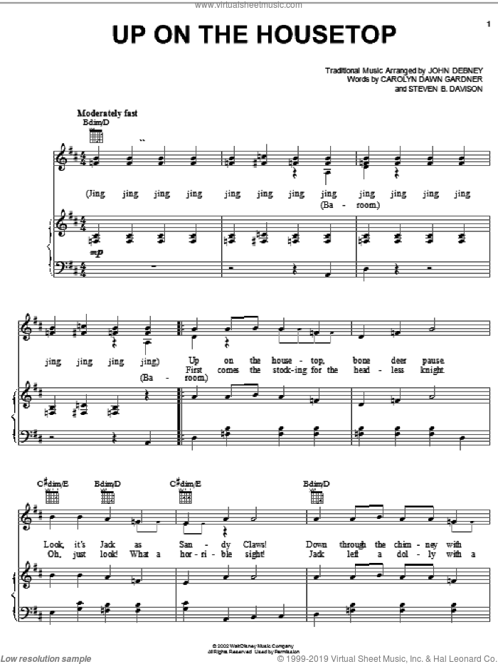 Up On The Housetop sheet music for voice, piano or guitar by John Debney, Carolyn Gardner and Steven B. Davison, intermediate skill level