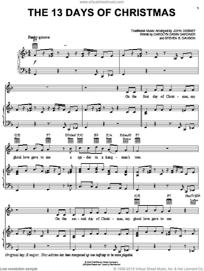 The 13 Days Of Christmas sheet music for voice, piano or guitar by John Debney, Carolyn Gardner and Steven B. Davison, intermediate skill level
