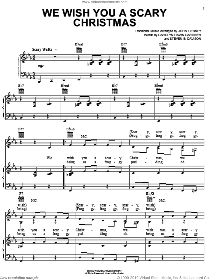 We Wish You A Scary Christmas sheet music for voice, piano or guitar by John Debney, Carolyn Gardner and Steven B. Davison, intermediate skill level