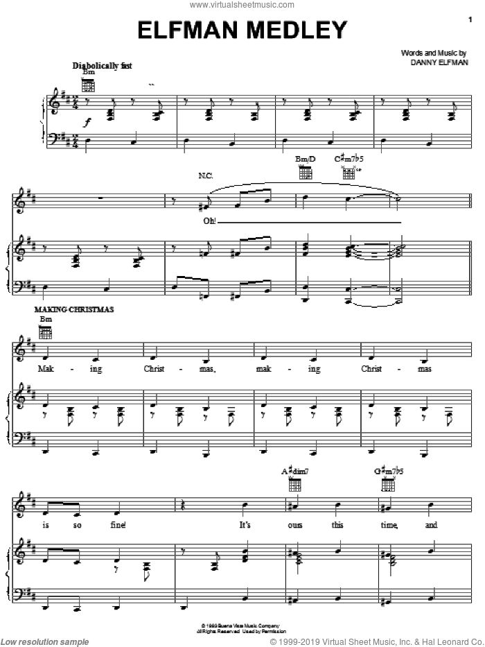 Elfman Medley sheet music for voice, piano or guitar by Danny Elfman, intermediate skill level