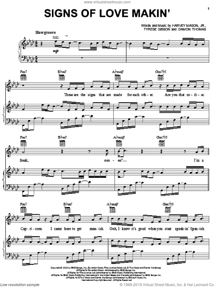 Signs Of Love Makin' sheet music for voice, piano or guitar by Tyrese, Damon Thomas, Harvey Mason, Jr. and Tyrese Gibson, intermediate skill level