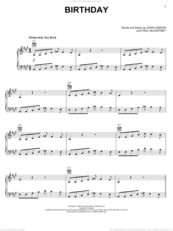 Birthday sheet music for voice, piano or guitar by The Beatles, John Lennon and Paul McCartney, intermediate skill level