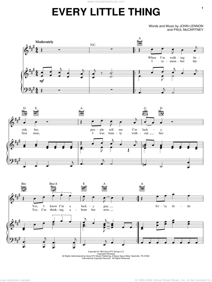Every Little Thing sheet music for voice, piano or guitar by The Beatles, John Lennon and Paul McCartney, intermediate skill level