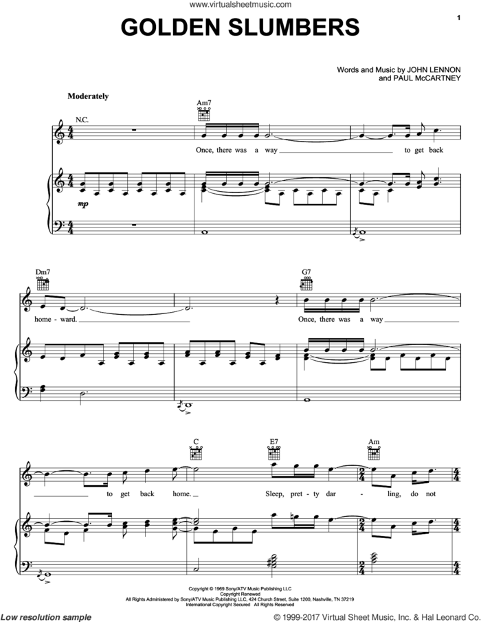 Golden Slumbers sheet music for voice, piano or guitar by The Beatles, John Lennon and Paul McCartney, intermediate skill level