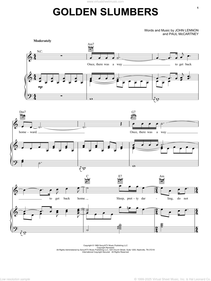 Golden Slumbers sheet music for voice, piano or guitar by The Beatles, John Lennon and Paul McCartney, intermediate skill level