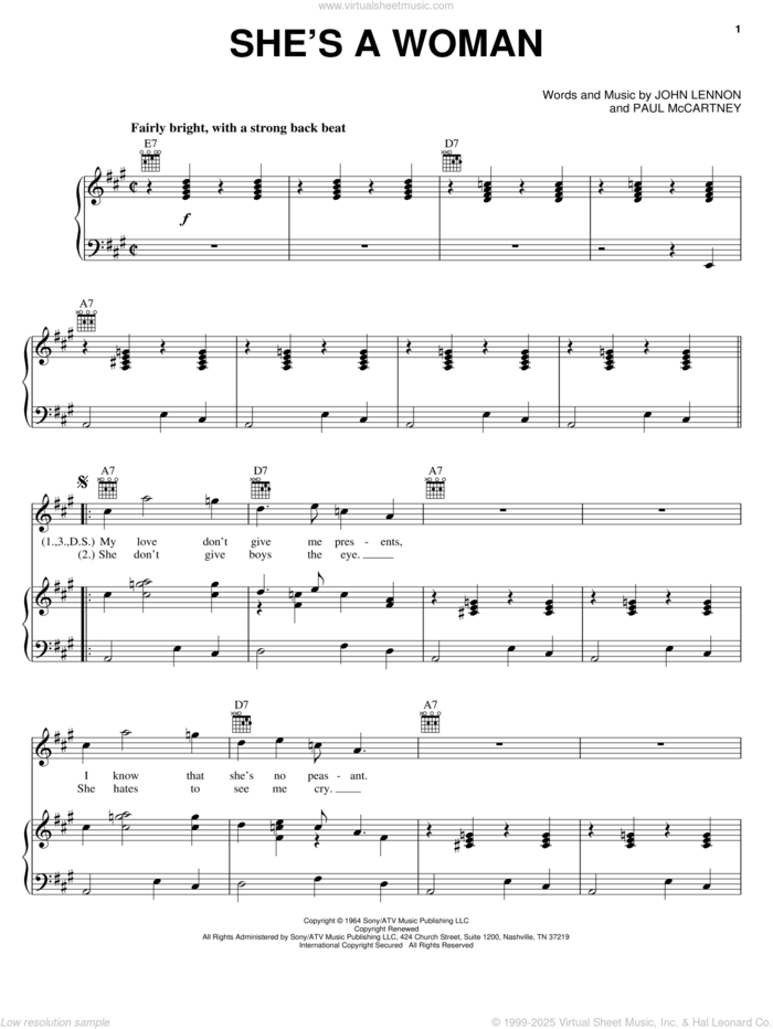 She's A Woman sheet music for voice, piano or guitar by The Beatles, John Lennon and Paul McCartney, intermediate skill level