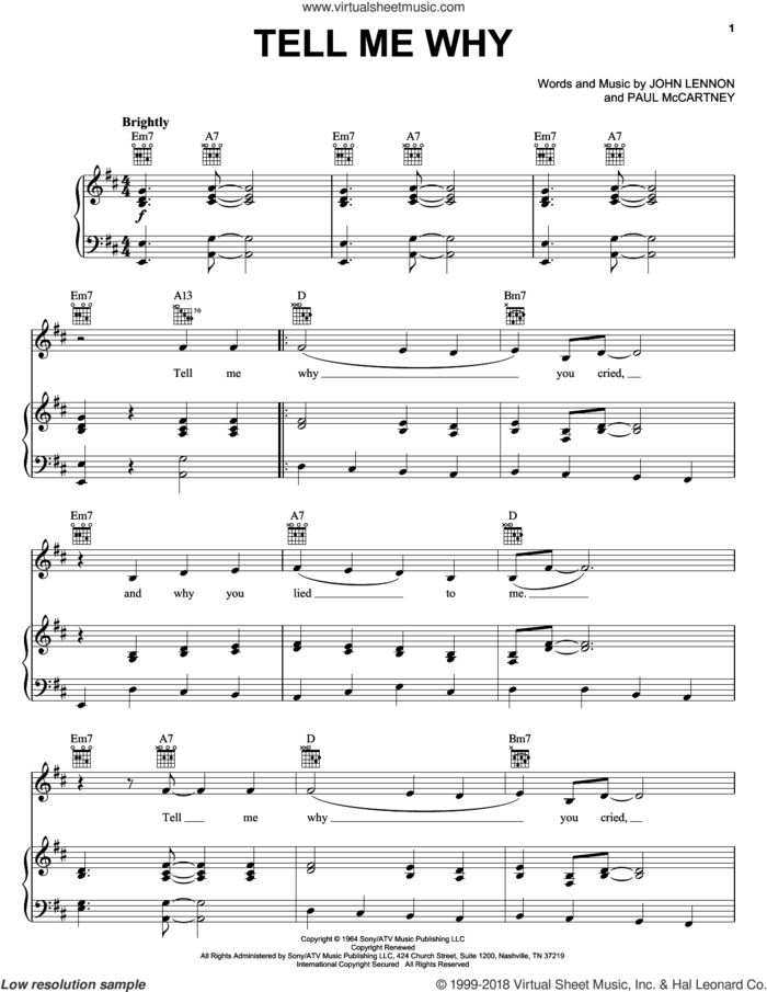Tell Me Why sheet music for voice, piano or guitar by The Beatles, John Lennon and Paul McCartney, intermediate skill level