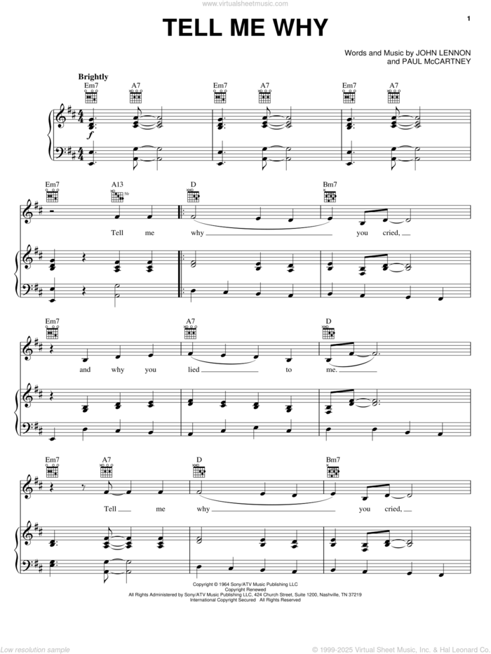 Tell Me Why sheet music for voice, piano or guitar by The Beatles, John Lennon and Paul McCartney, intermediate skill level