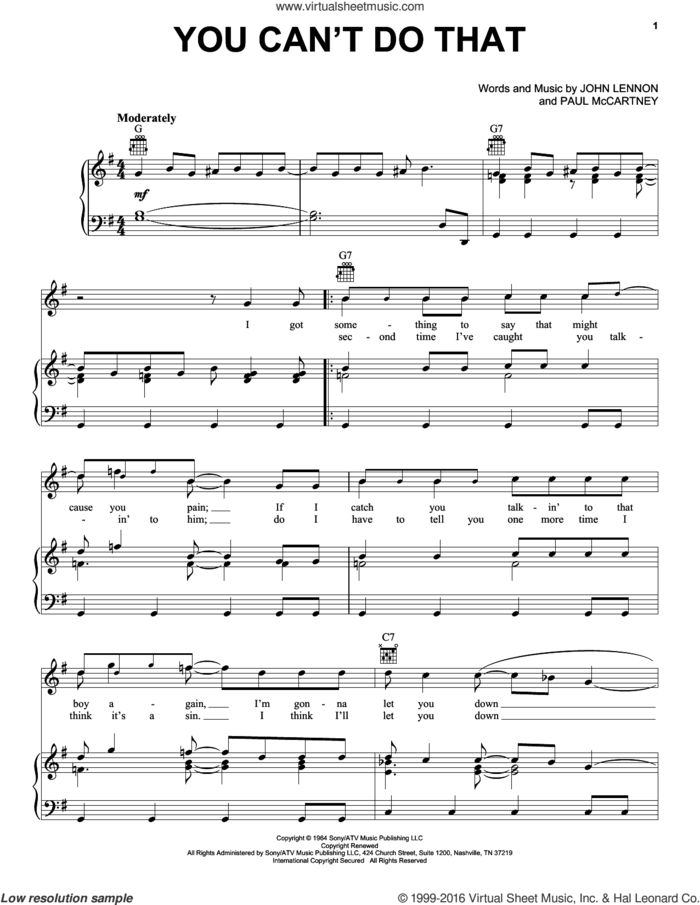 You Can't Do That sheet music for voice, piano or guitar by The Beatles, John Lennon and Paul McCartney, intermediate skill level