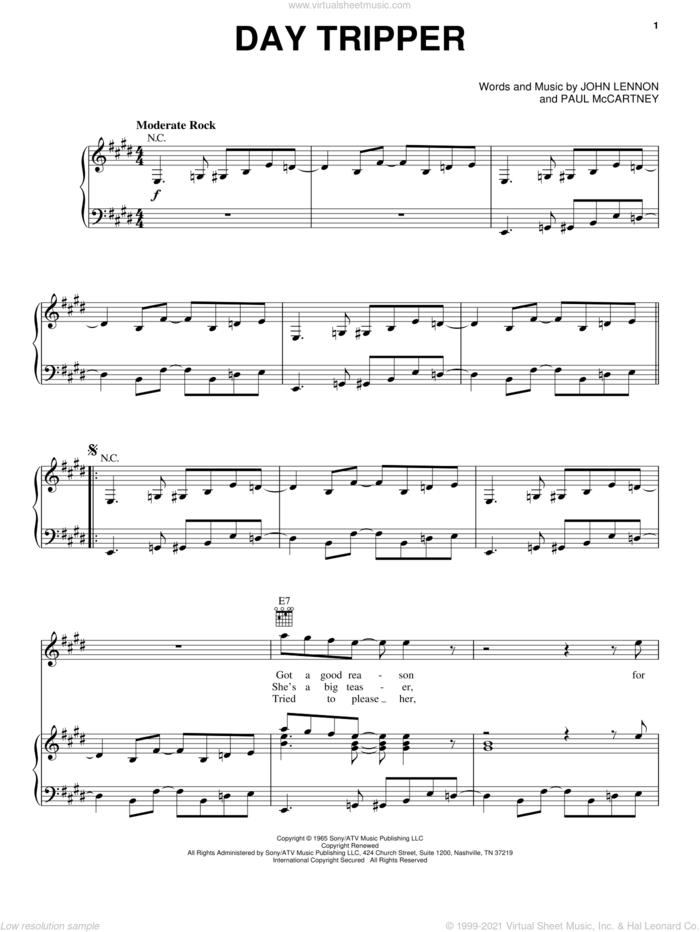 Day Tripper sheet music for voice, piano or guitar by The Beatles, John Lennon and Paul McCartney, intermediate skill level