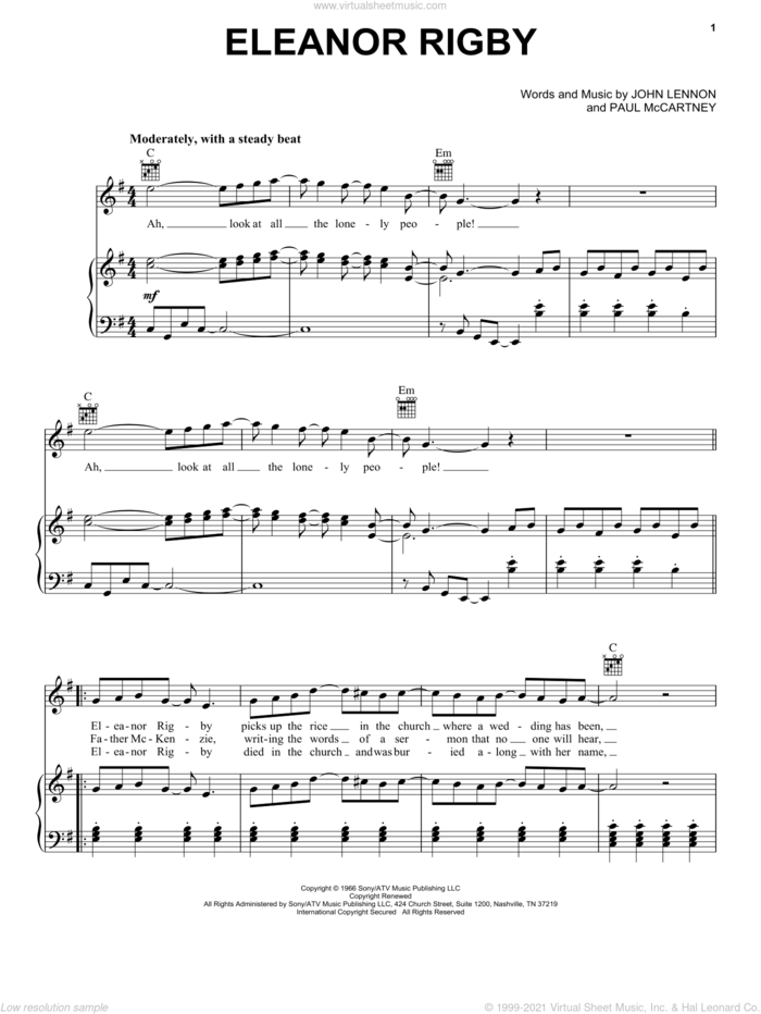 Eleanor Rigby sheet music for voice, piano or guitar by The Beatles, John Lennon and Paul McCartney, intermediate skill level