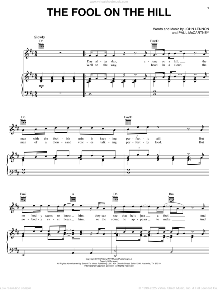 The Fool On The Hill sheet music for voice, piano or guitar by The Beatles, John Lennon and Paul McCartney, intermediate skill level