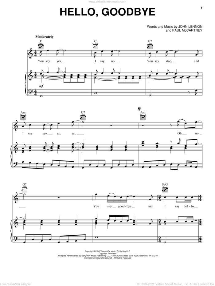 Hello, Goodbye sheet music for voice, piano or guitar by The Beatles, Miscellaneous, John Lennon and Paul McCartney, intermediate skill level
