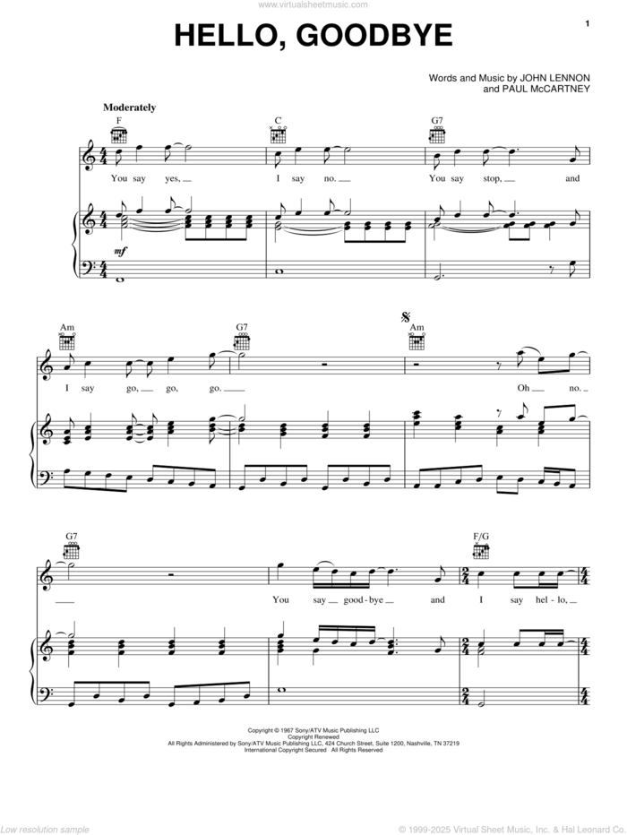 Hello, Goodbye sheet music for voice, piano or guitar by The Beatles, Miscellaneous, John Lennon and Paul McCartney, intermediate skill level