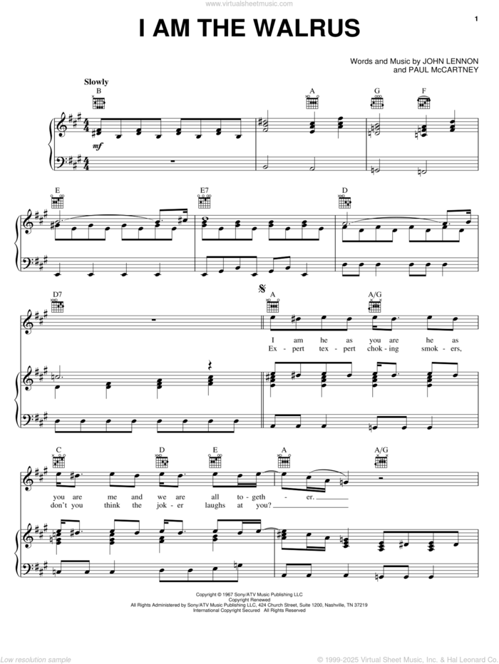 I Am The Walrus sheet music for voice, piano or guitar by The Beatles, Across The Universe (Movie), John Lennon and Paul McCartney, intermediate skill level