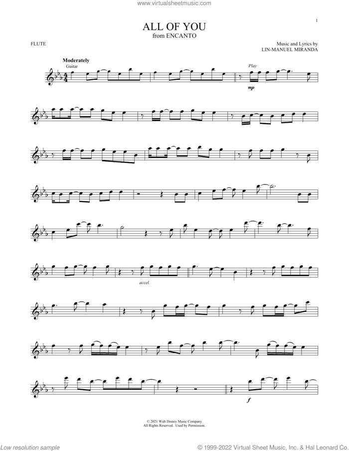 All Of You (from Encanto) sheet music for flute solo by Lin-Manuel Miranda, intermediate skill level
