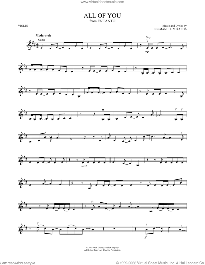 All Of You (from Encanto) sheet music for violin solo by Lin-Manuel Miranda, intermediate skill level