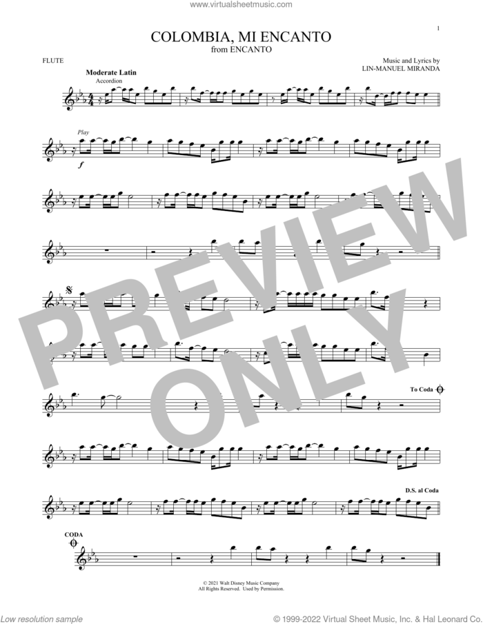 Colombia, Mi Encanto (from Encanto) sheet music for flute solo by Lin-Manuel Miranda, intermediate skill level
