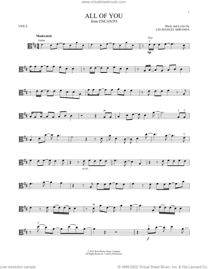 All Of You (from Encanto) sheet music for viola solo by Lin-Manuel Miranda, intermediate skill level