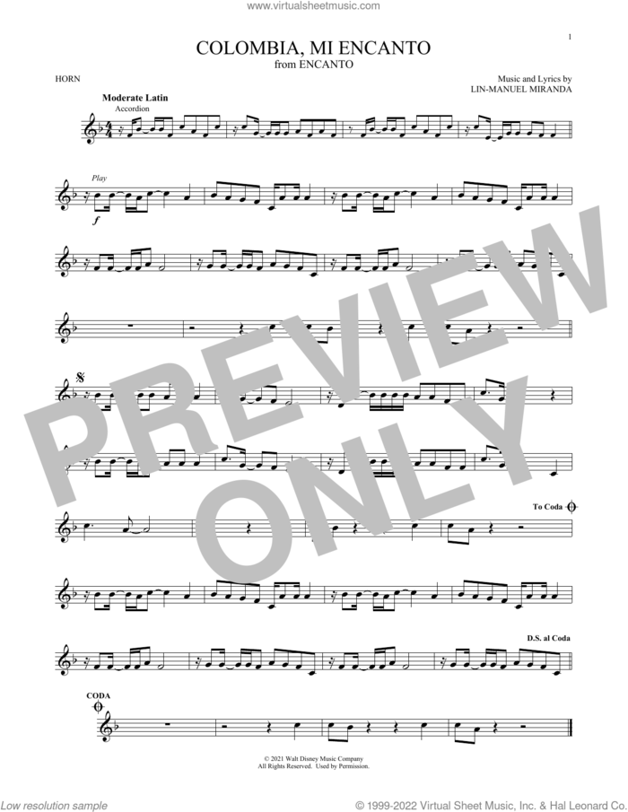 Colombia, Mi Encanto (from Encanto) sheet music for horn solo by Lin-Manuel Miranda, intermediate skill level
