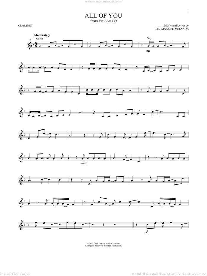 All Of You (from Encanto) sheet music for clarinet solo by Lin-Manuel Miranda, intermediate skill level