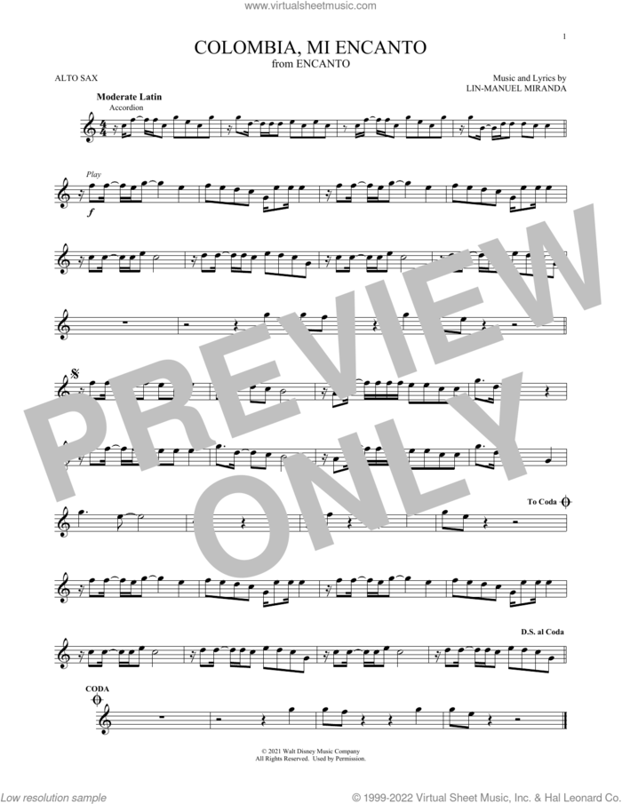 Colombia, Mi Encanto (from Encanto) sheet music for alto saxophone solo by Lin-Manuel Miranda, intermediate skill level
