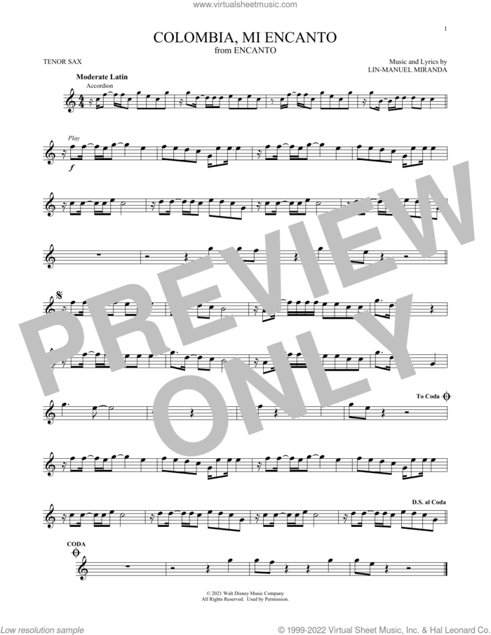 Colombia, Mi Encanto (from Encanto) sheet music for tenor saxophone solo by Lin-Manuel Miranda, intermediate skill level
