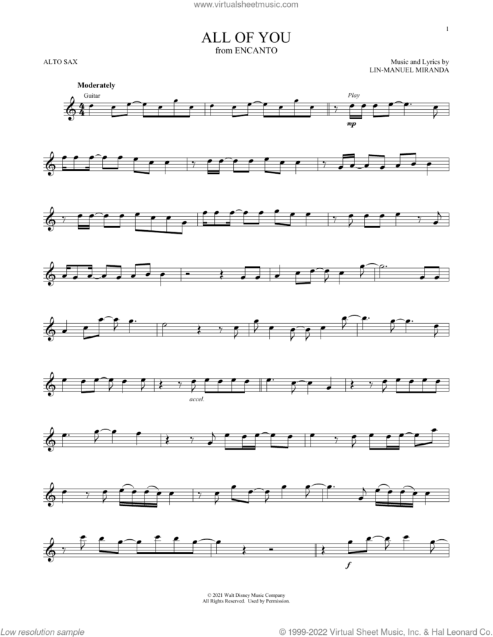All Of You (from Encanto) sheet music for alto saxophone solo by Lin-Manuel Miranda, intermediate skill level