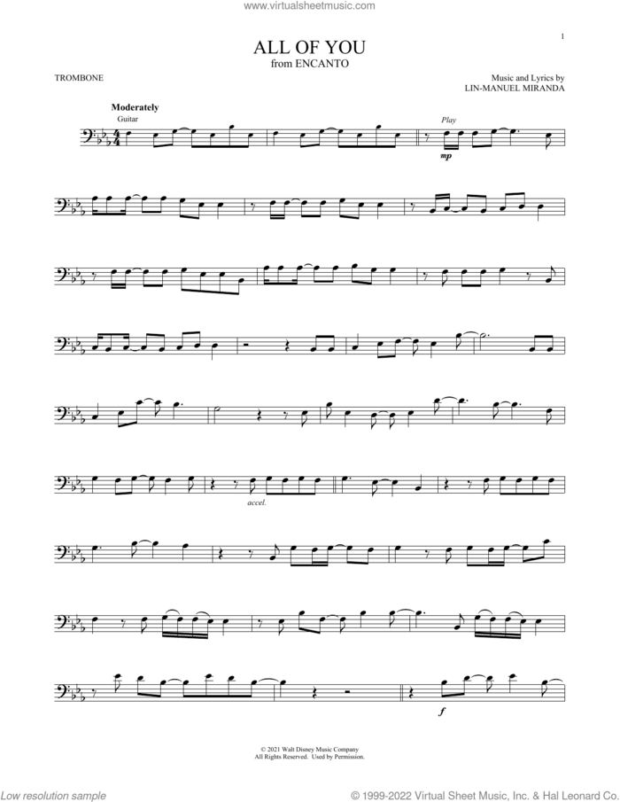 All Of You (from Encanto) sheet music for trombone solo by Lin-Manuel Miranda, intermediate skill level
