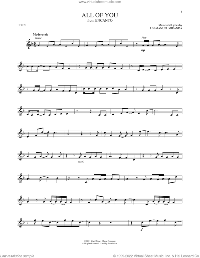 All Of You (from Encanto) sheet music for horn solo by Lin-Manuel Miranda, intermediate skill level