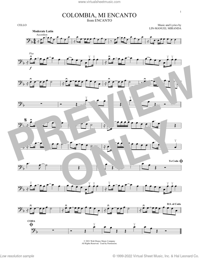 Colombia, Mi Encanto (from Encanto) sheet music for cello solo by Lin-Manuel Miranda, intermediate skill level