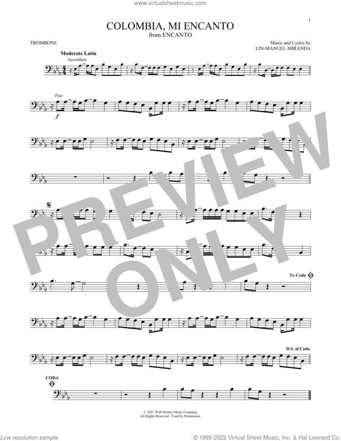 Colombia, Mi Encanto (from Encanto) sheet music for trombone solo by Lin-Manuel Miranda, intermediate skill level