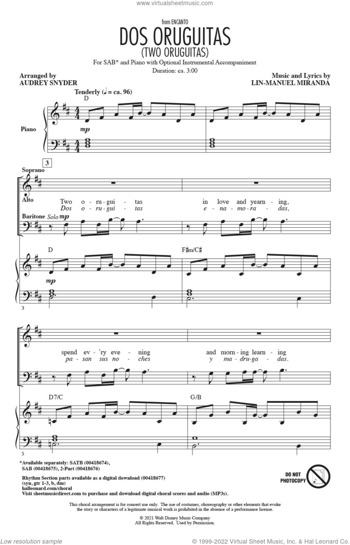 Dos/Two Oruguitas (from Encanto) (arr. Audrey Snyder) sheet music for choir (SAB: soprano, alto, bass) by Lin-Manuel Miranda and Audrey Snyder, intermediate skill level