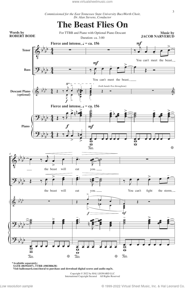 The Beast Flies On sheet music for choir (TTBB: tenor, bass) by Jacob Narverud and Robert Bode and Jacob Narverud and Robert Bode, intermediate skill level