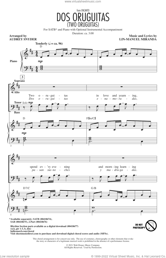 Dos/Two Oruguitas (from Encanto) (arr. Audrey Snyder) sheet music for choir (SATB: soprano, alto, tenor, bass) by Lin-Manuel Miranda and Audrey Snyder, intermediate skill level