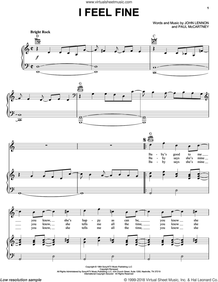 I Feel Fine sheet music for voice, piano or guitar by The Beatles, John Lennon and Paul McCartney, intermediate skill level