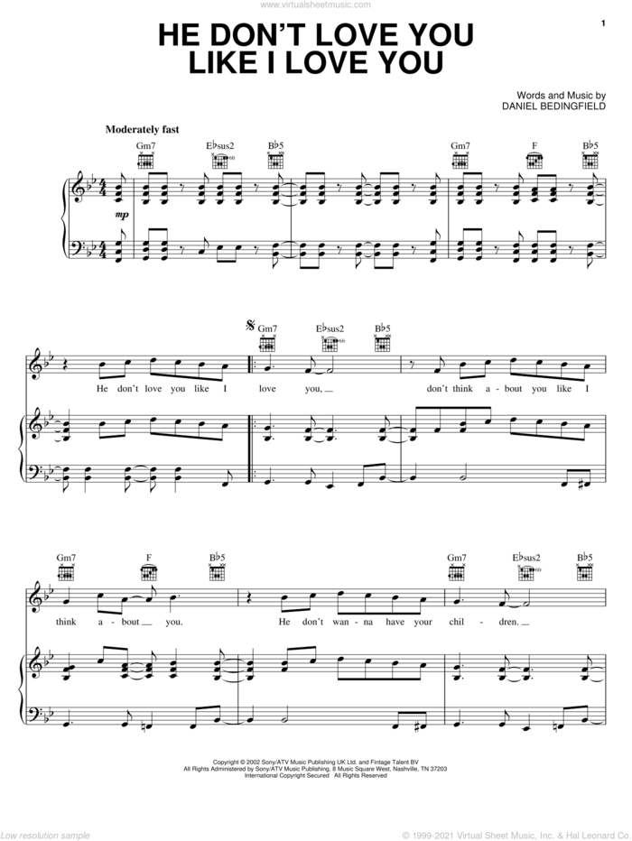 He Don't Love You Like I Love You sheet music for voice, piano or guitar by Daniel Bedingfield, intermediate skill level