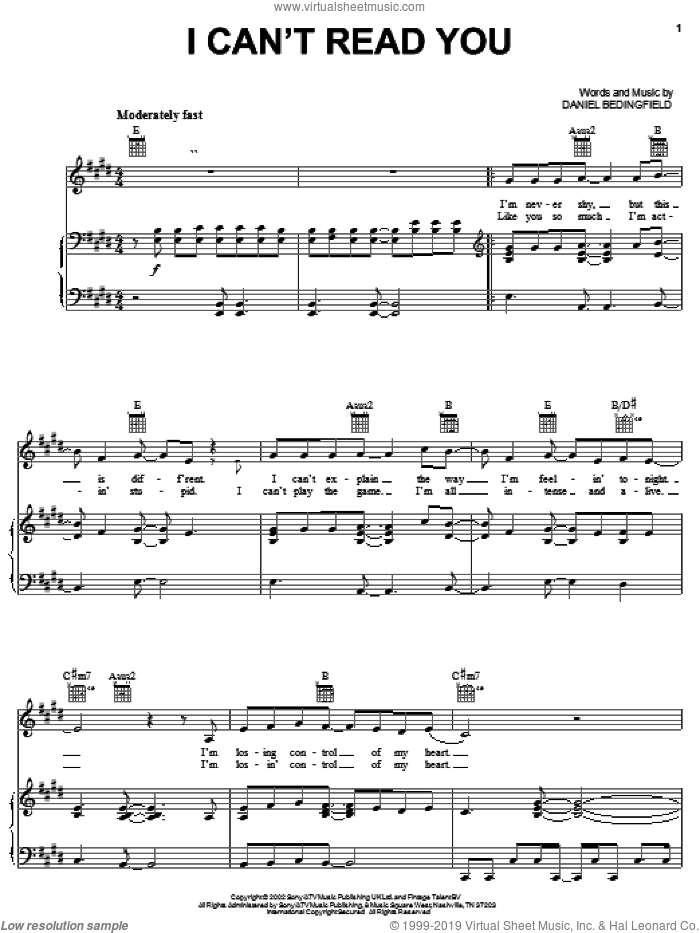 I Can't Read You sheet music for voice, piano or guitar by Daniel Bedingfield, intermediate skill level