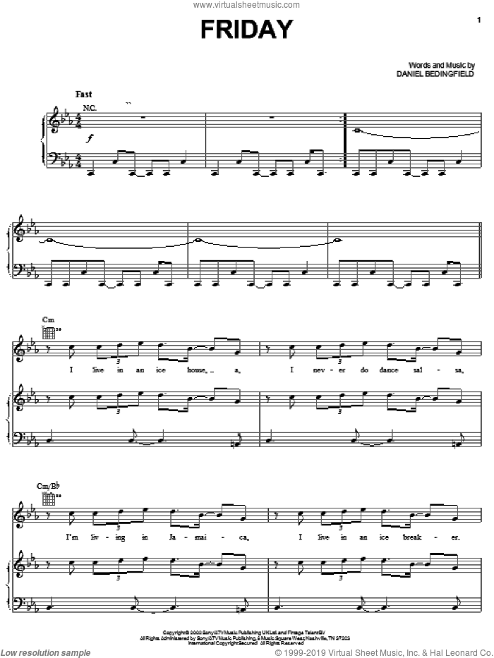 Friday sheet music for voice, piano or guitar by Daniel Bedingfield, intermediate skill level