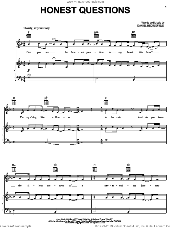 Honest Questions sheet music for voice, piano or guitar by Daniel Bedingfield, intermediate skill level