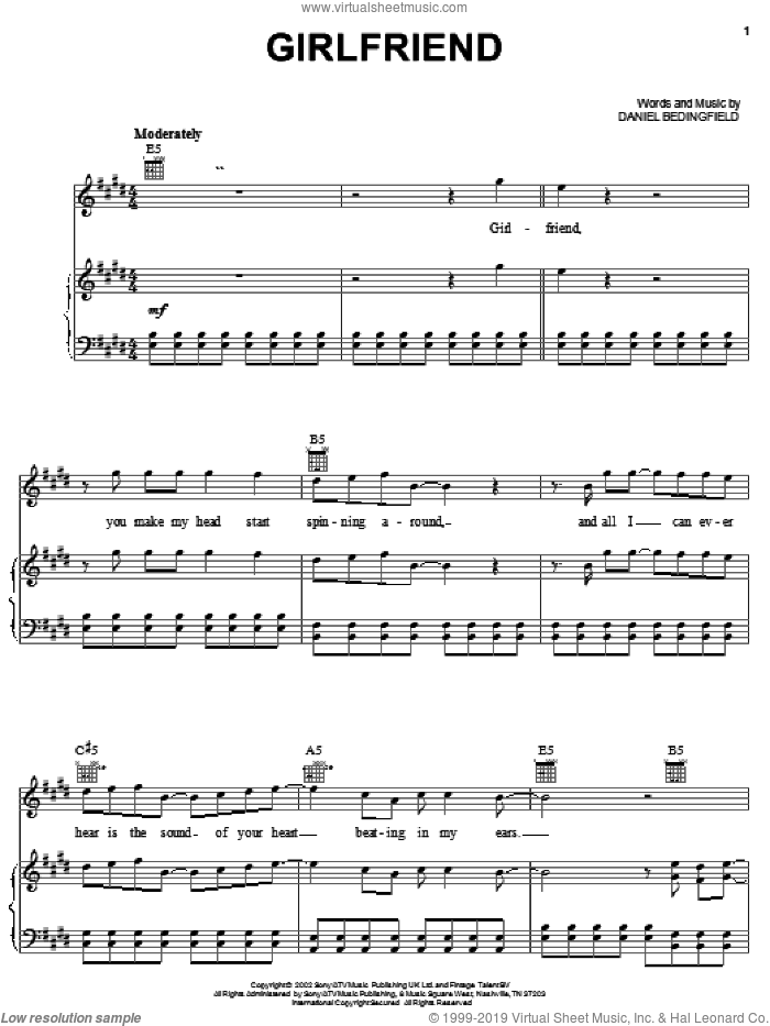 Girlfriend sheet music for voice, piano or guitar by Daniel Bedingfield, intermediate skill level
