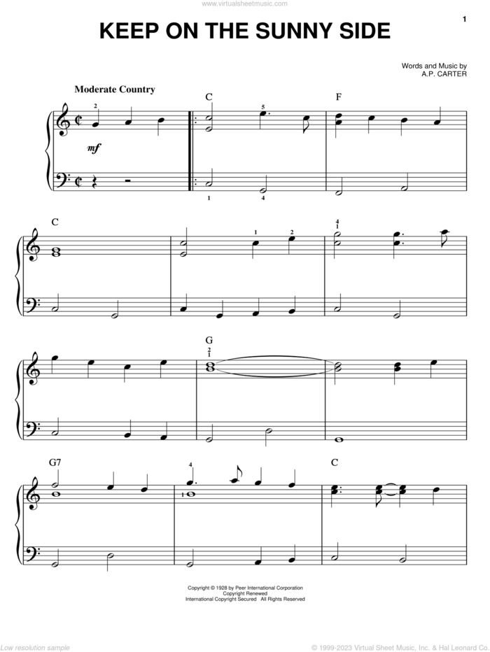 Keep On The Sunny Side, (easy) sheet music for piano solo by The Carter Family, O Brother, Where Art Thou? (Movie) and A.P. Carter, easy skill level